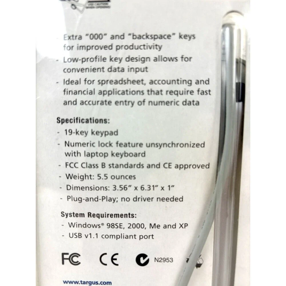 Targus PAUK10U Ultra Mini USB 19-Key Numeric Keypad Silver/Black New, Sealed.